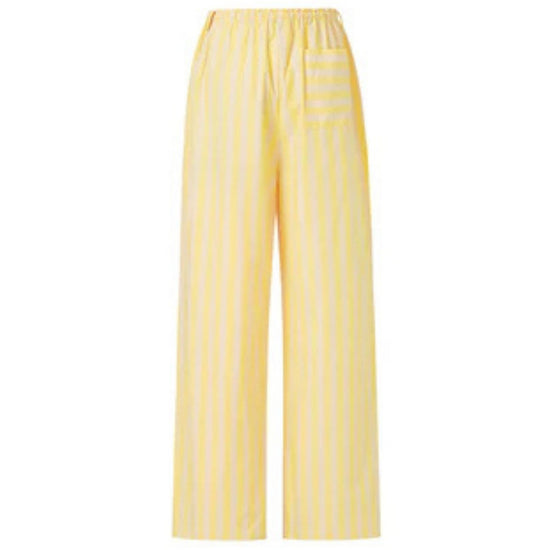 Butter yellow striped wide-leg trousers with a relaxed fit and lightweight tailored finish.