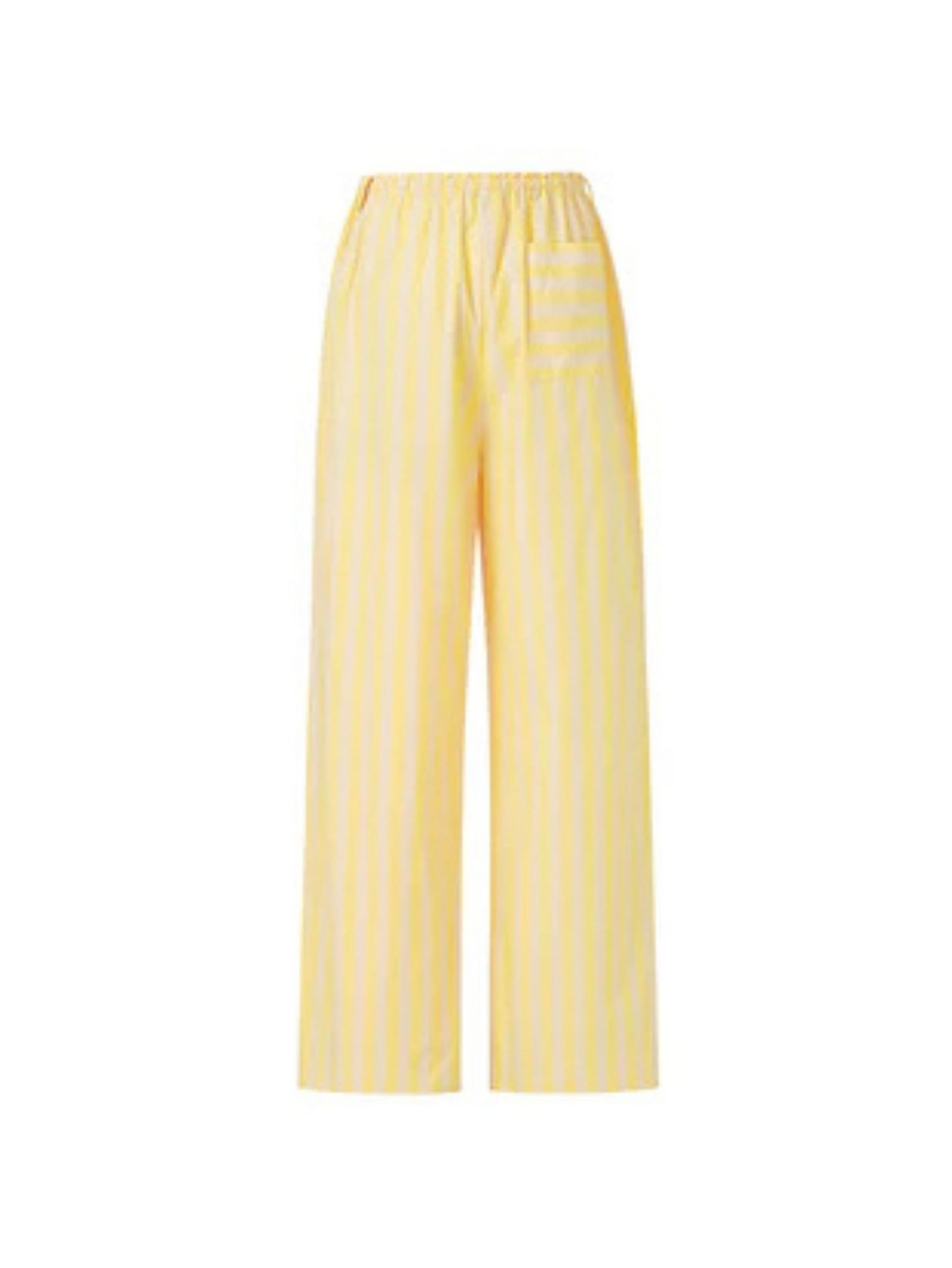 Butter yellow striped wide-leg trousers with a relaxed fit and lightweight tailored finish.