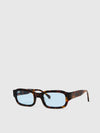 Sunglasses with tortoiseshell frame and blue lenses on a white background