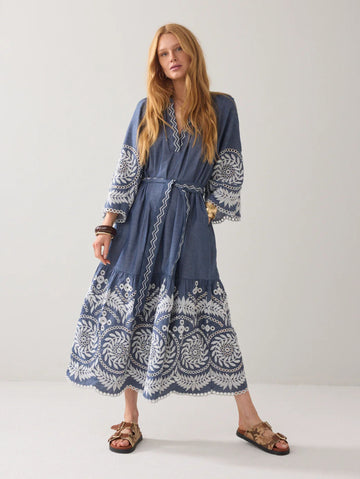 Chambray Dress with Embroidery