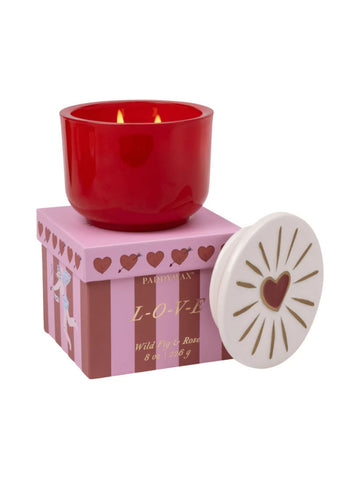 Paddywax charmed 8oz candle in scent wild fig and rose red glass vessel with heart on lid