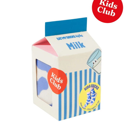 Milk carton-shaped box containing kids socks on a white background
