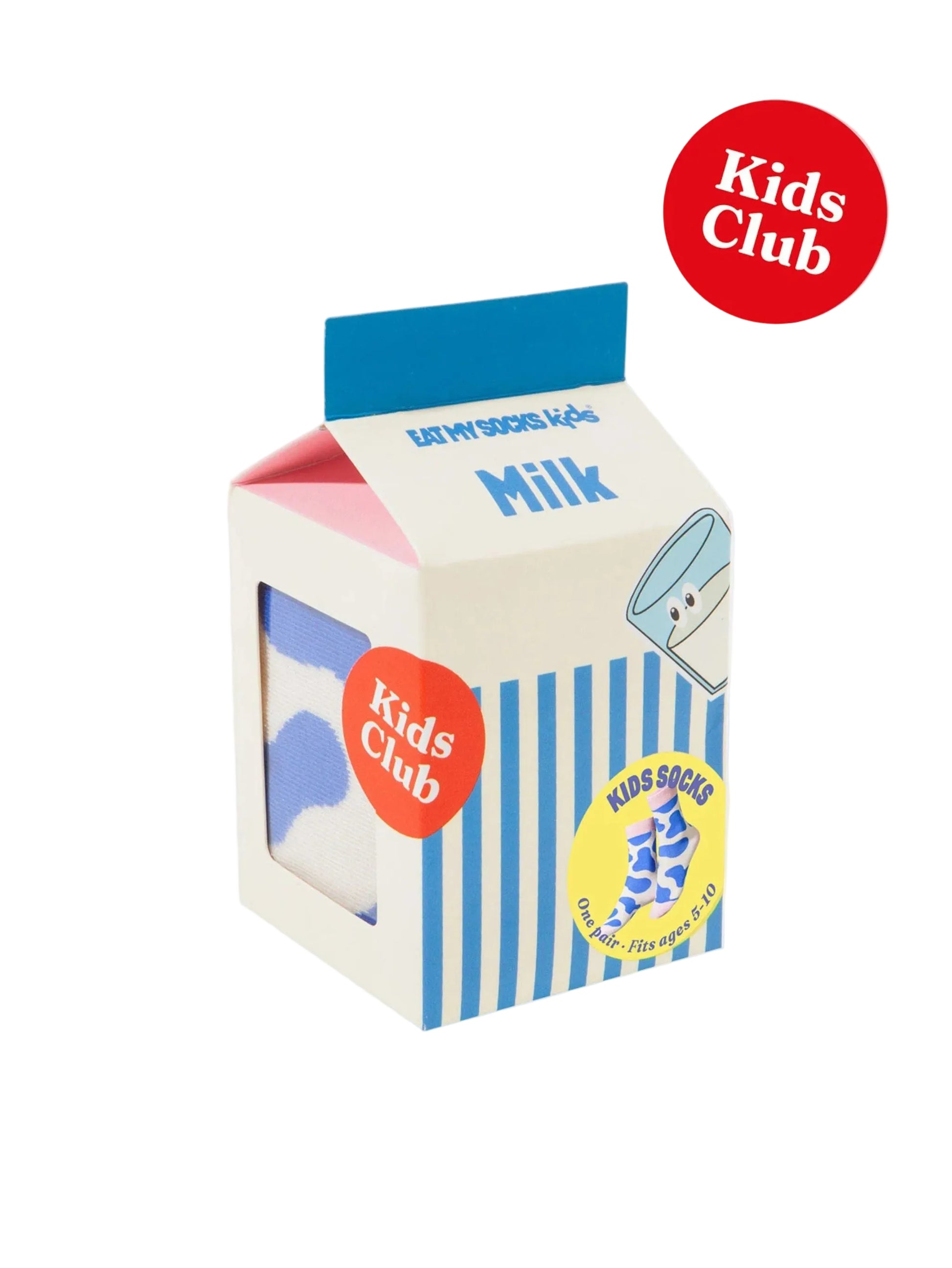 Milk carton-shaped box containing kids socks on a white background