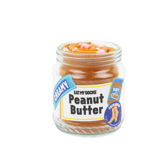 Jar of socks made to look like peanut butter on a white background