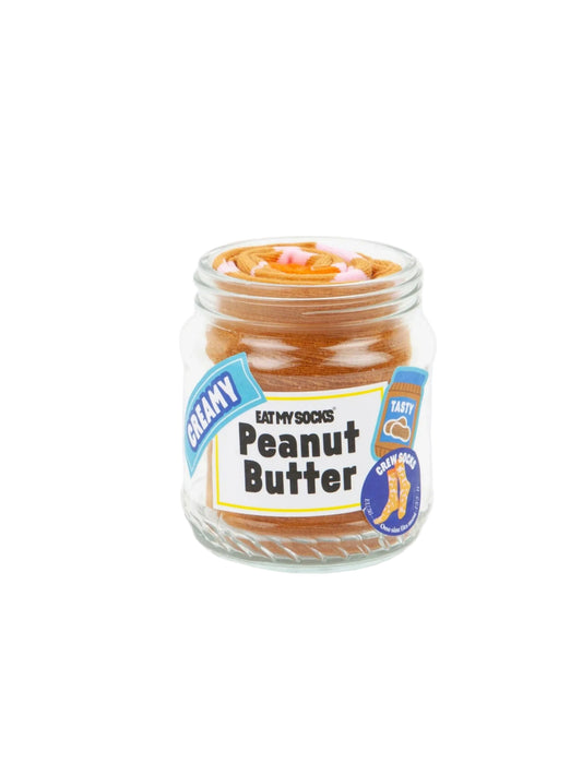 Jar of socks made to look like peanut butter on a white background