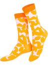 Colorful socks with orange tops and yellow and pink pattern on a white background