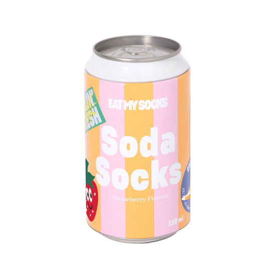 socks in a soda can with 'Soda Socks' branding on a white background