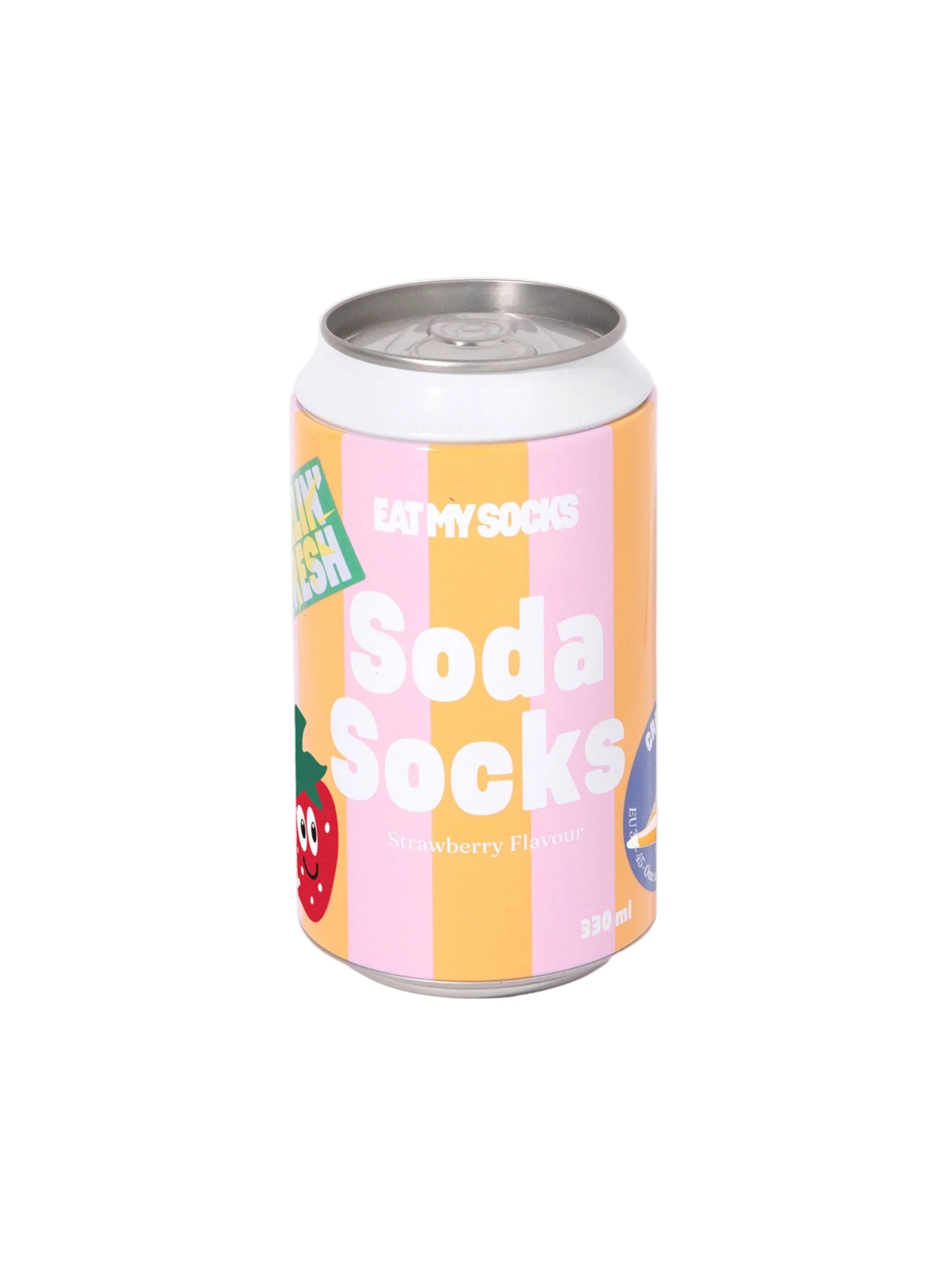 socks in a soda can with 'Soda Socks' branding on a white background