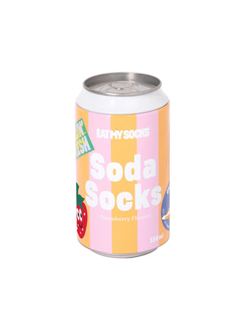 socks in a soda can with 'Soda Socks' branding on a white background