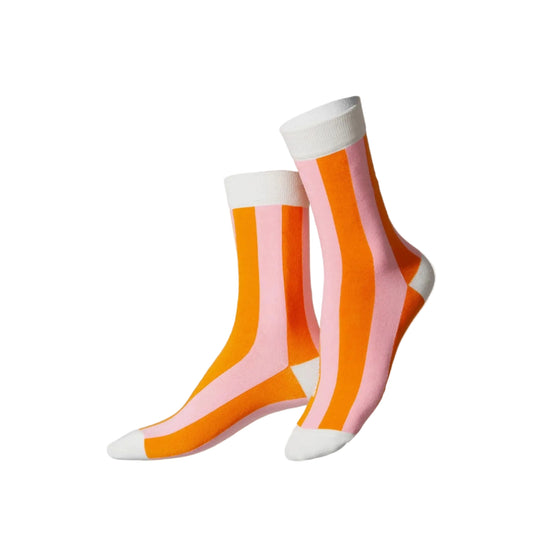 Pair of socks with orange and pink stripes on a white background