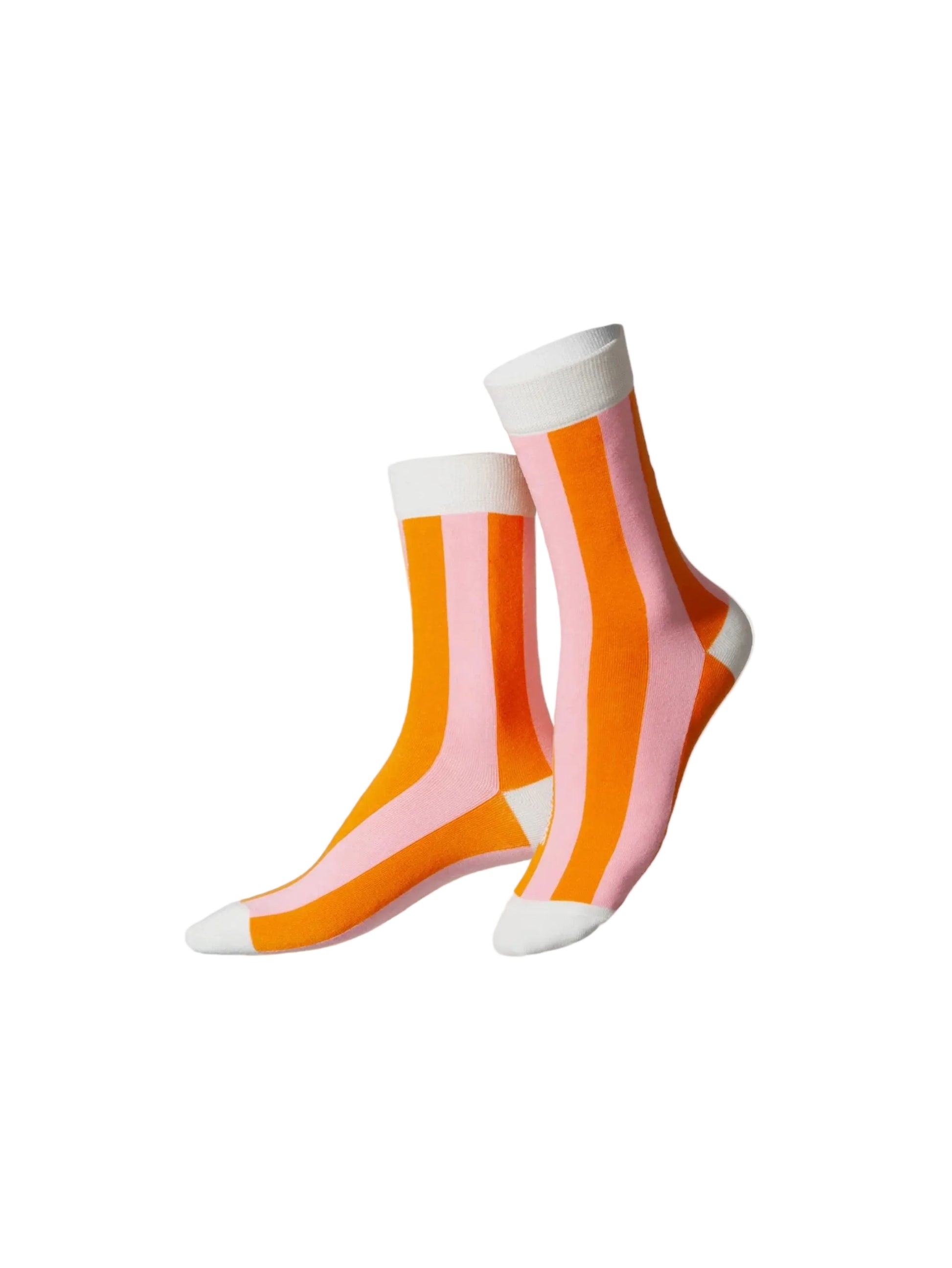 Pair of socks with orange and pink stripes on a white background
