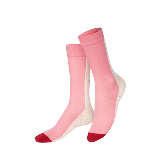 Pair of pink socks with red toes and heels on a white background