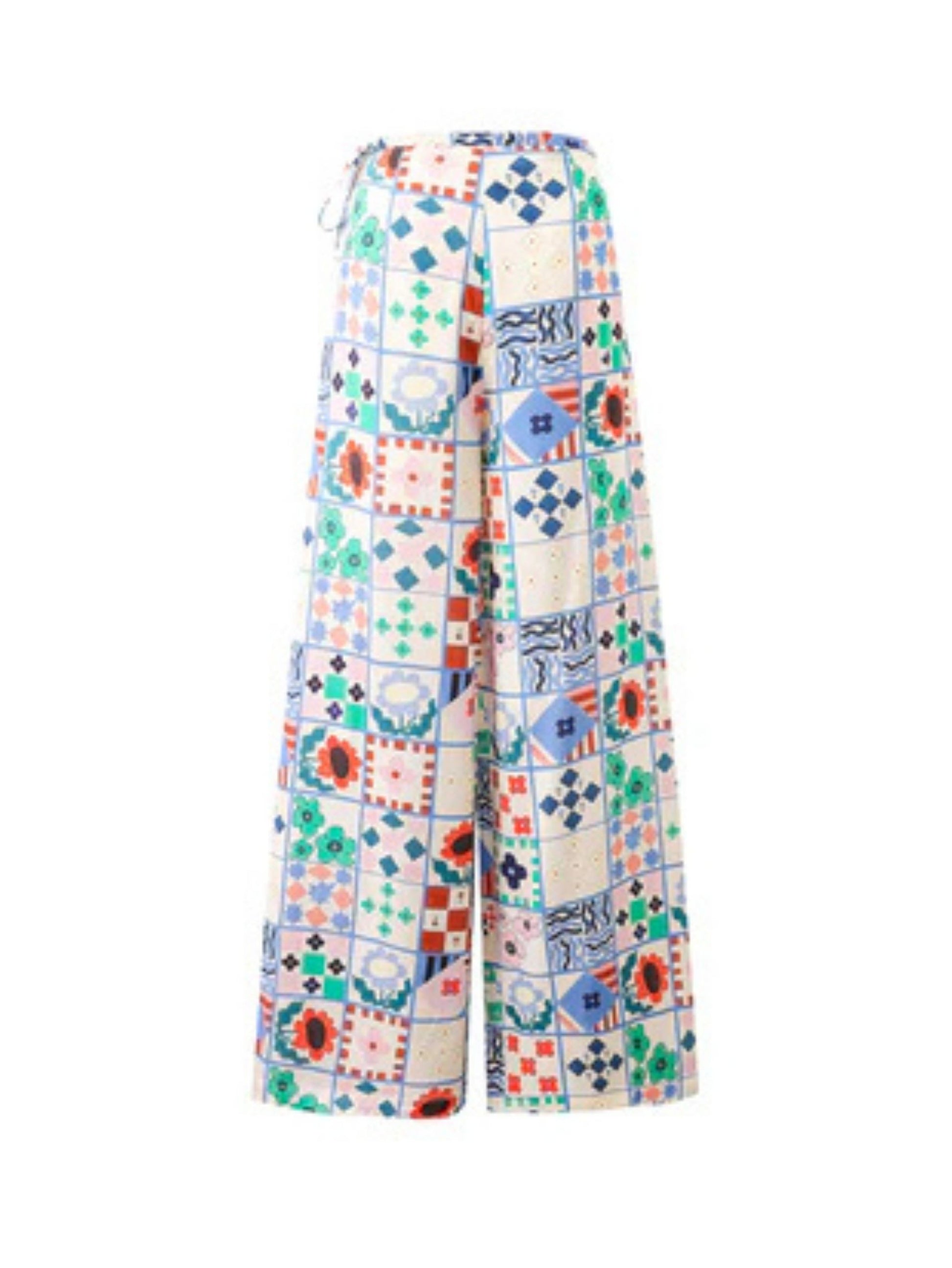 Wide-leg patchwork print trousers with high waist and side-tie fastening in a multicoloured bohemian design.