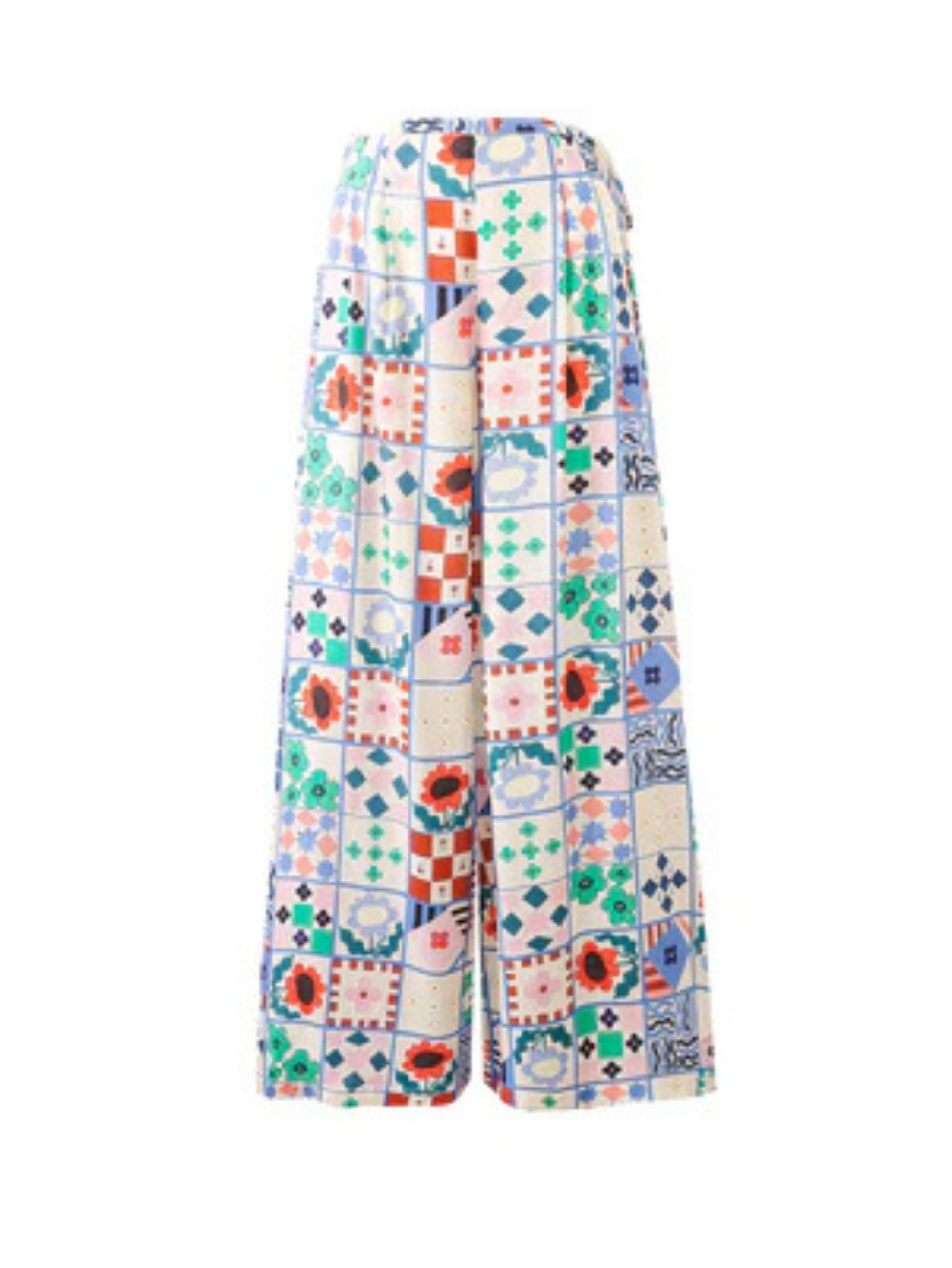 Wide-leg patchwork print trousers with high waist and side-tie fastening in a multicoloured bohemian design.