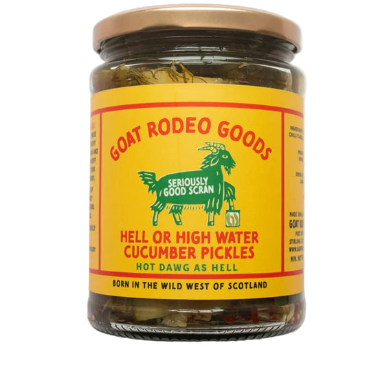 Jar of Goat Rodeo Goods cucumber pickles with a yellow label