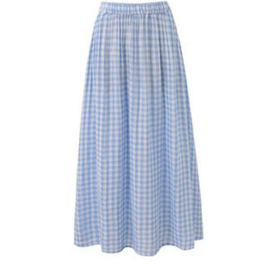Light blue gingham A line midi skirt with a flowing silhouette.