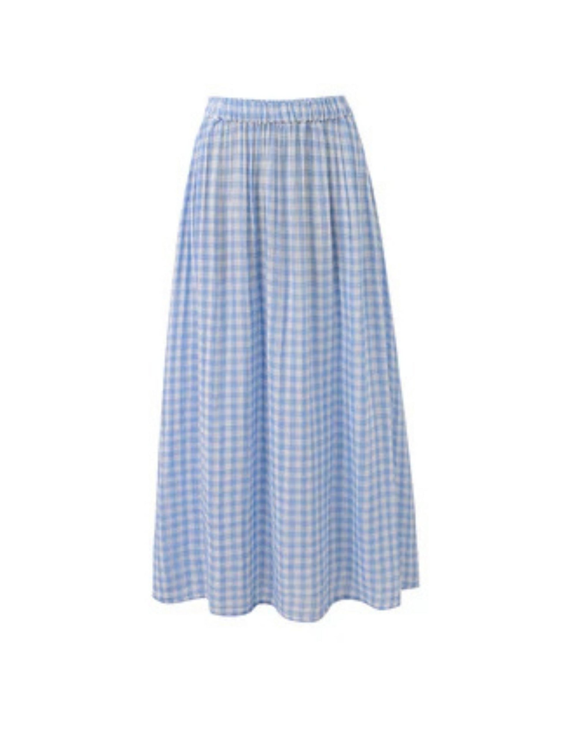 Light blue gingham A line midi skirt with a flowing silhouette.