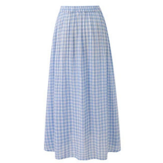 Light blue gingham A line midi skirt with a flowing silhouette.