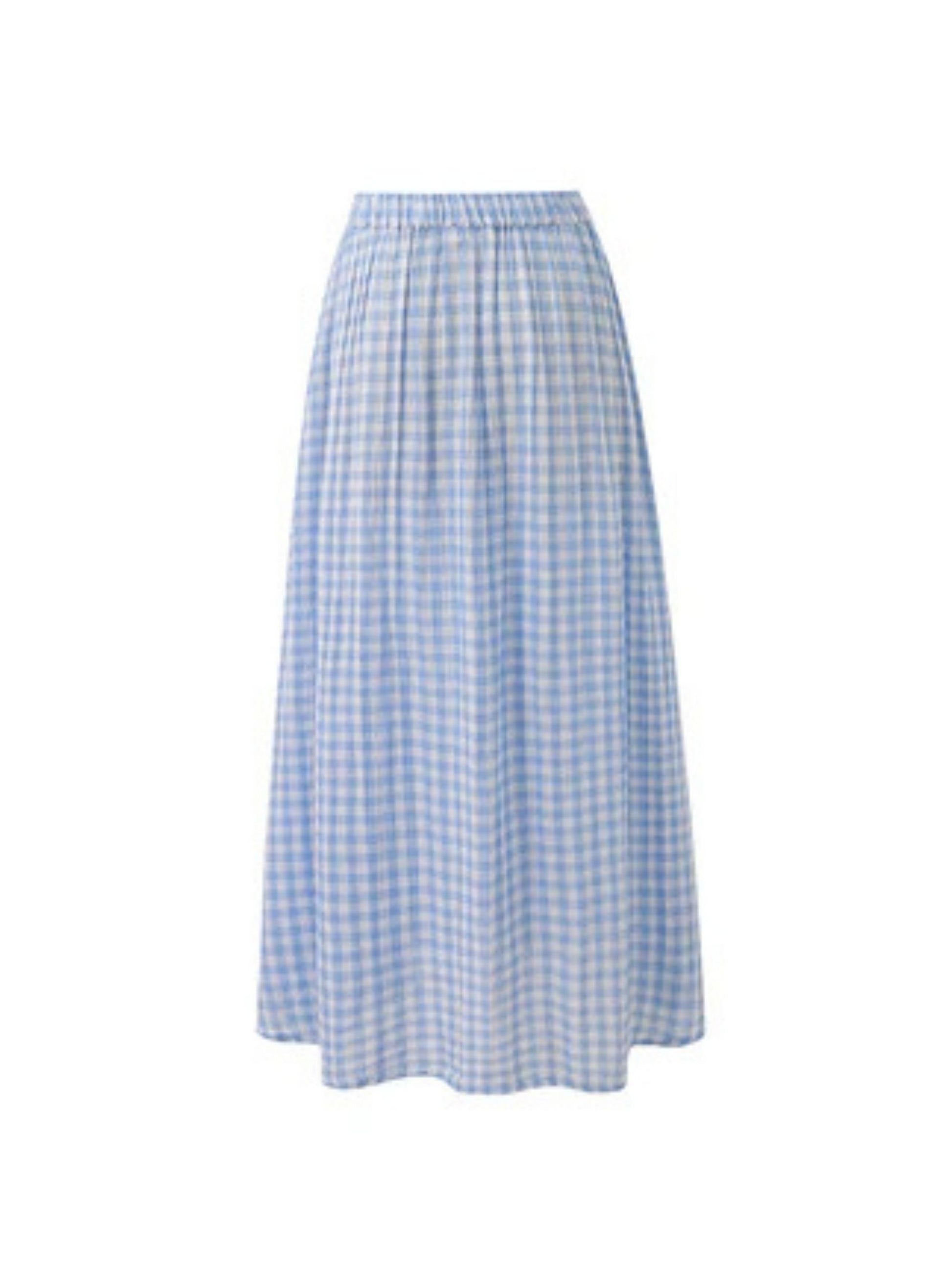 Light blue gingham A line midi skirt with a flowing silhouette.