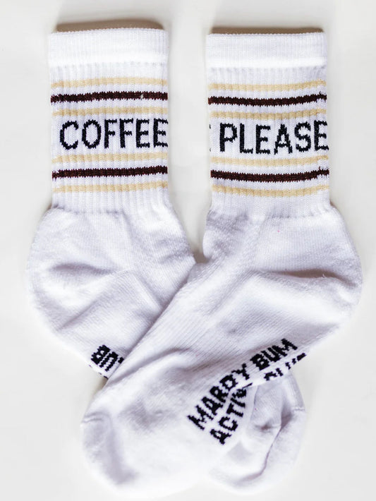 White socks with text 'Coffee Please' and 'Mardy Bum' on a white background