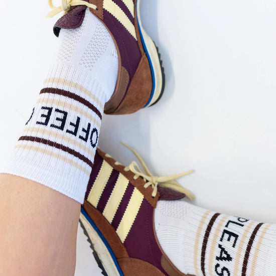 White socks with text 'Coffee Please' and 'Mardy Bum'