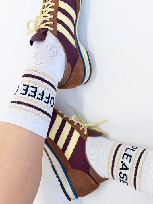 White socks with text 'Coffee Please' and 'Mardy Bum'
