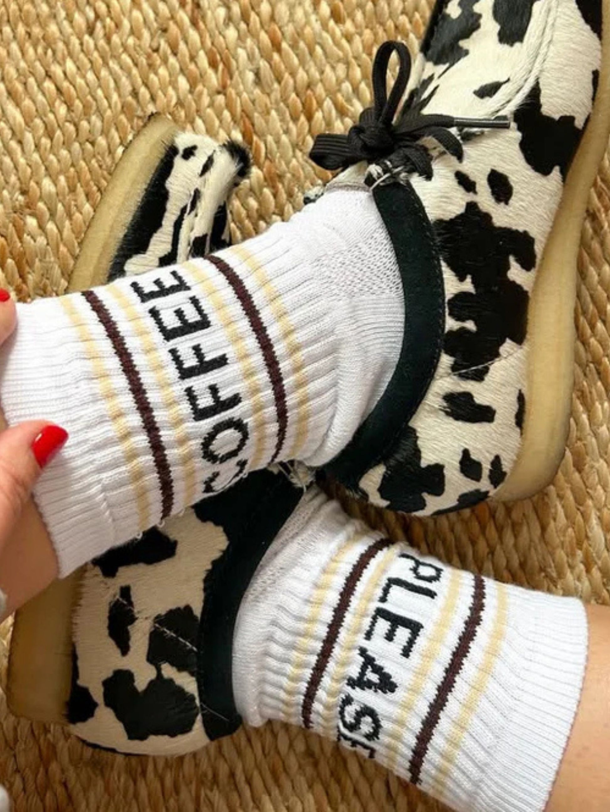 White socks with text 'Coffee Please' and 'Mardy Bum'