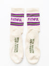 Pair of socks with 'Faithful' and 'Mardy Bum Active Club' text on a white background