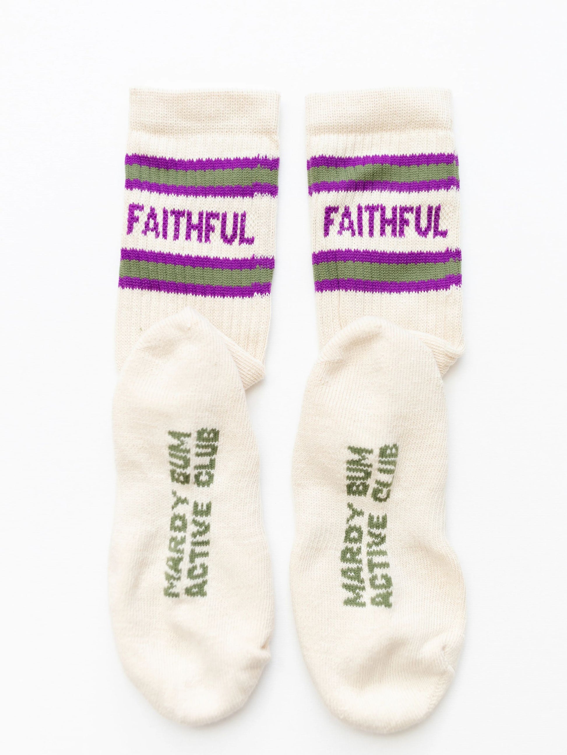 Pair of socks with 'Faithful' and 'Mardy Bum Active Club' text on a white background