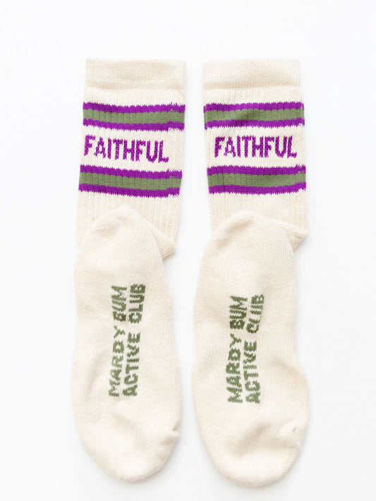 Pair of socks with 'Faithful' and 'Mardy Bum Active Club' text on a white background