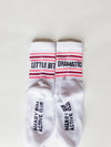 White socks with text on a light gray background
