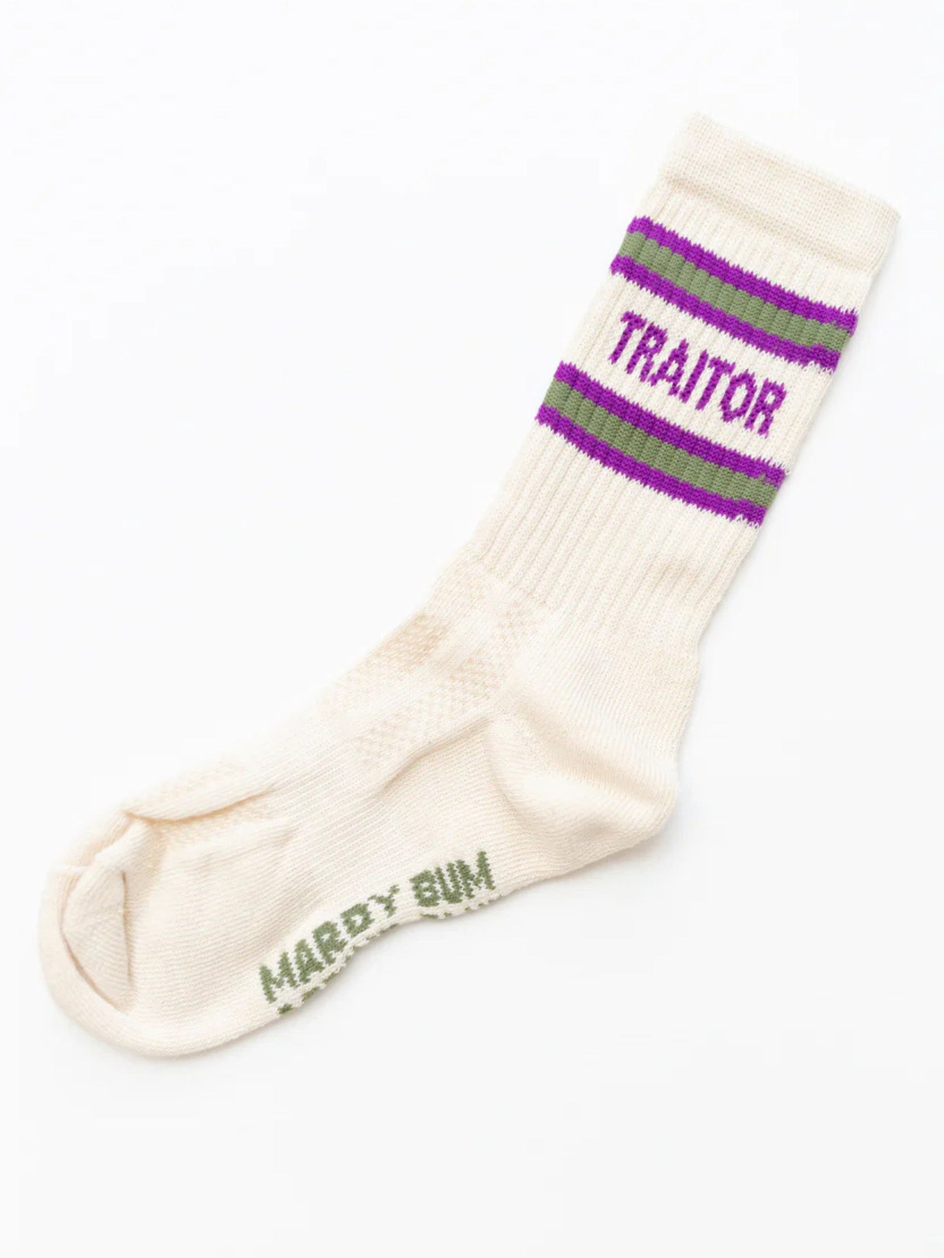 White sock with purple and green striped cuff and 'Traitor' text on a white background
