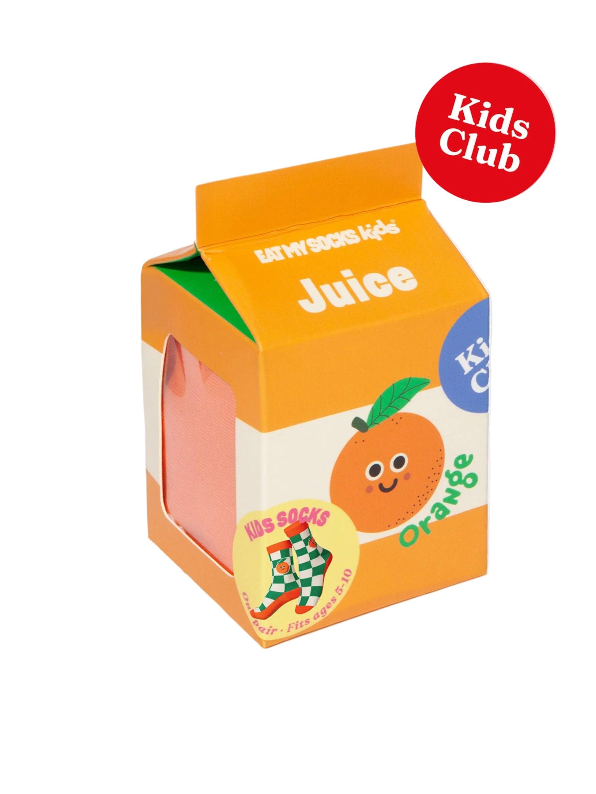 Eat My Socks Kids green and orange checkered socks with orange accents. Displayed in a Orange Juice Carton.