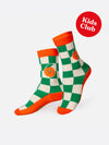 Pair of green and orange checkered socks with orange accents on a white background.