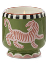 Paddywax black cedar and fig candle in a green container with a pink tiger design 