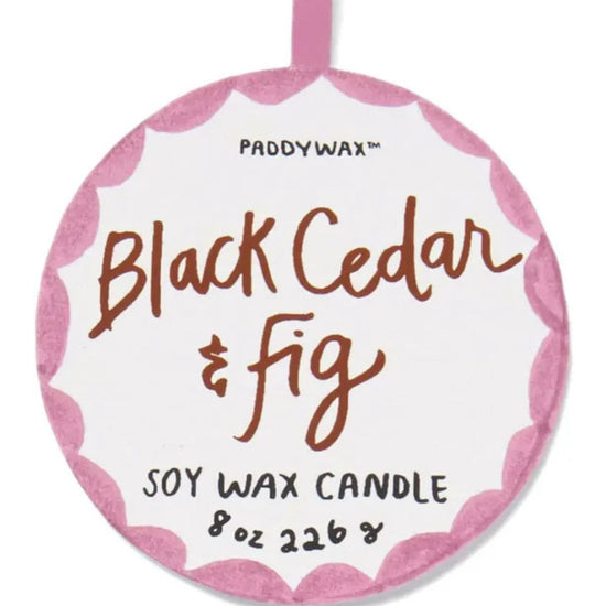 Paddywax Black Cedar & Fig soy wax candle label 