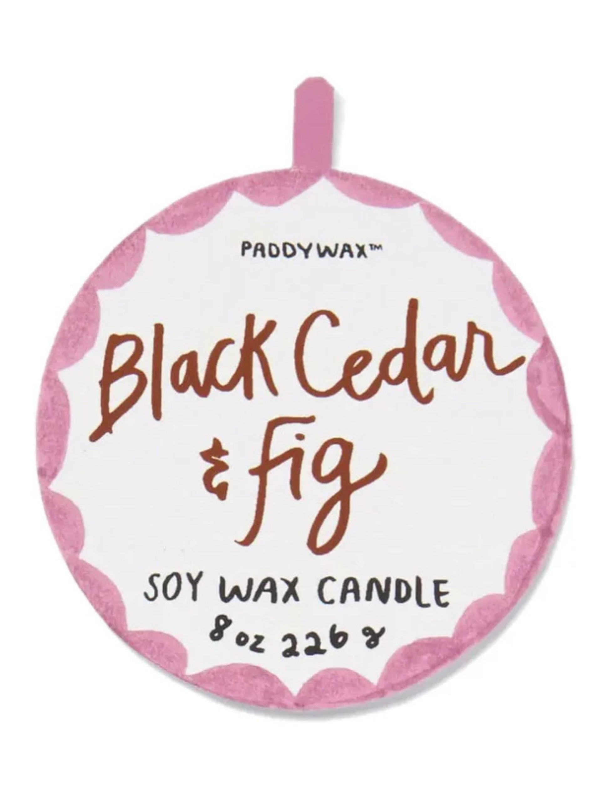 Paddywax Black Cedar & Fig soy wax candle label 