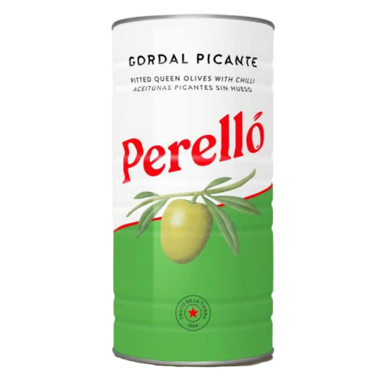 Can of Perello Gordal Picante olives on a white background