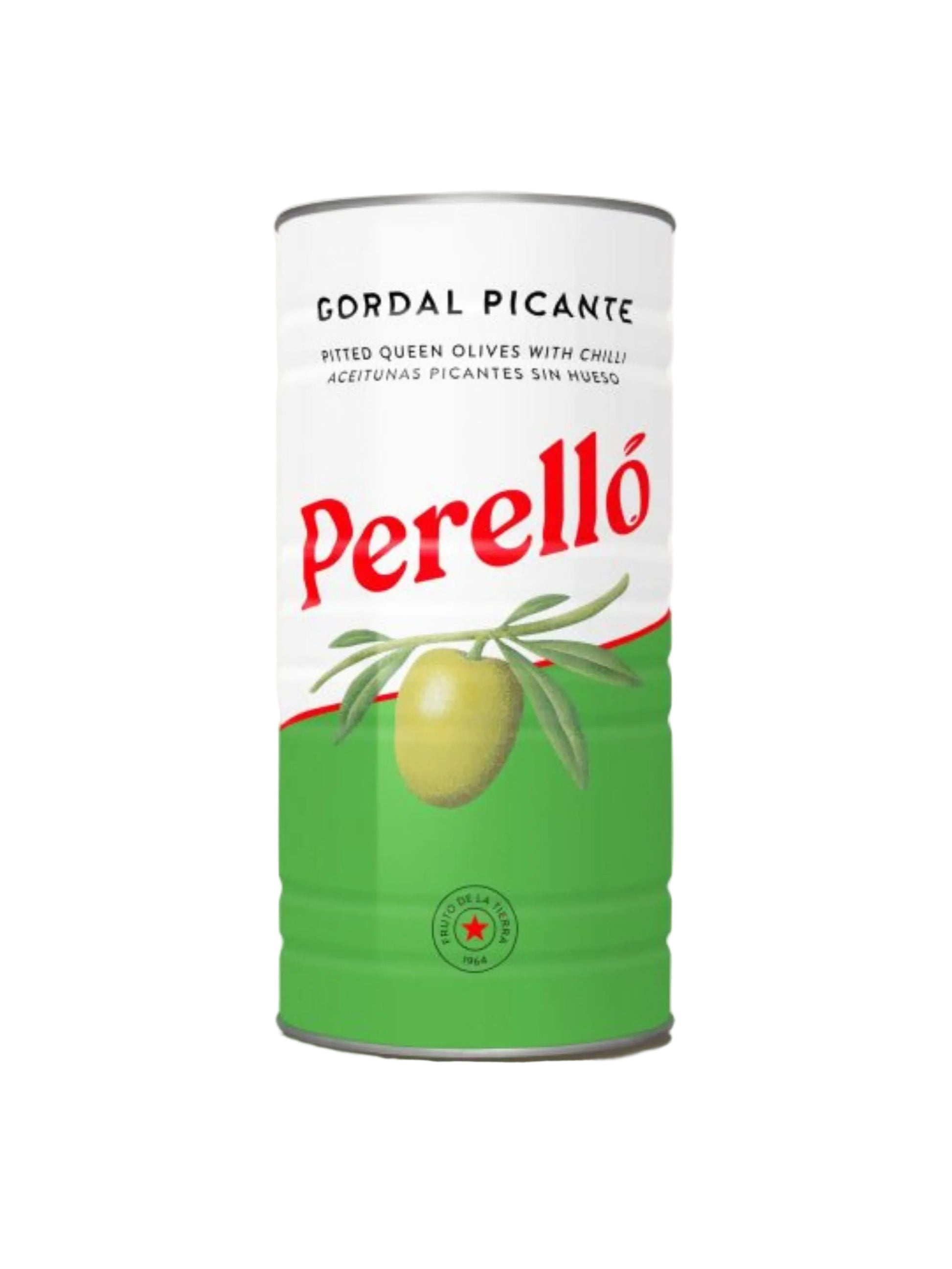 Can of Perello Gordal Picante olives on a white background