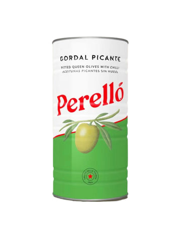 Can of Perello Gordal Picante olives on a white background