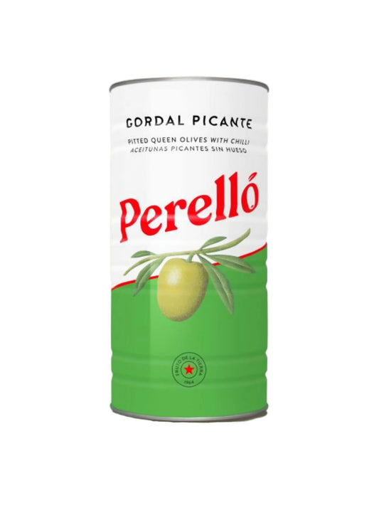 Can of Perello Gordal Picante olives on a white background