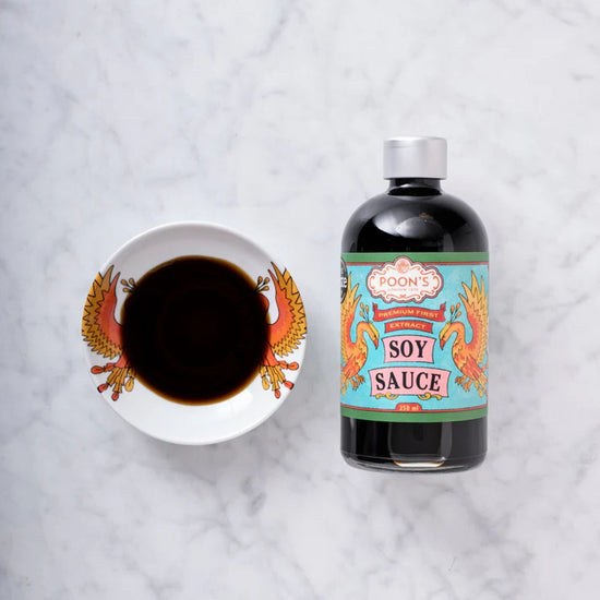 Jar of Poons London Premium First Extract Soy Sauce with a colorful label 