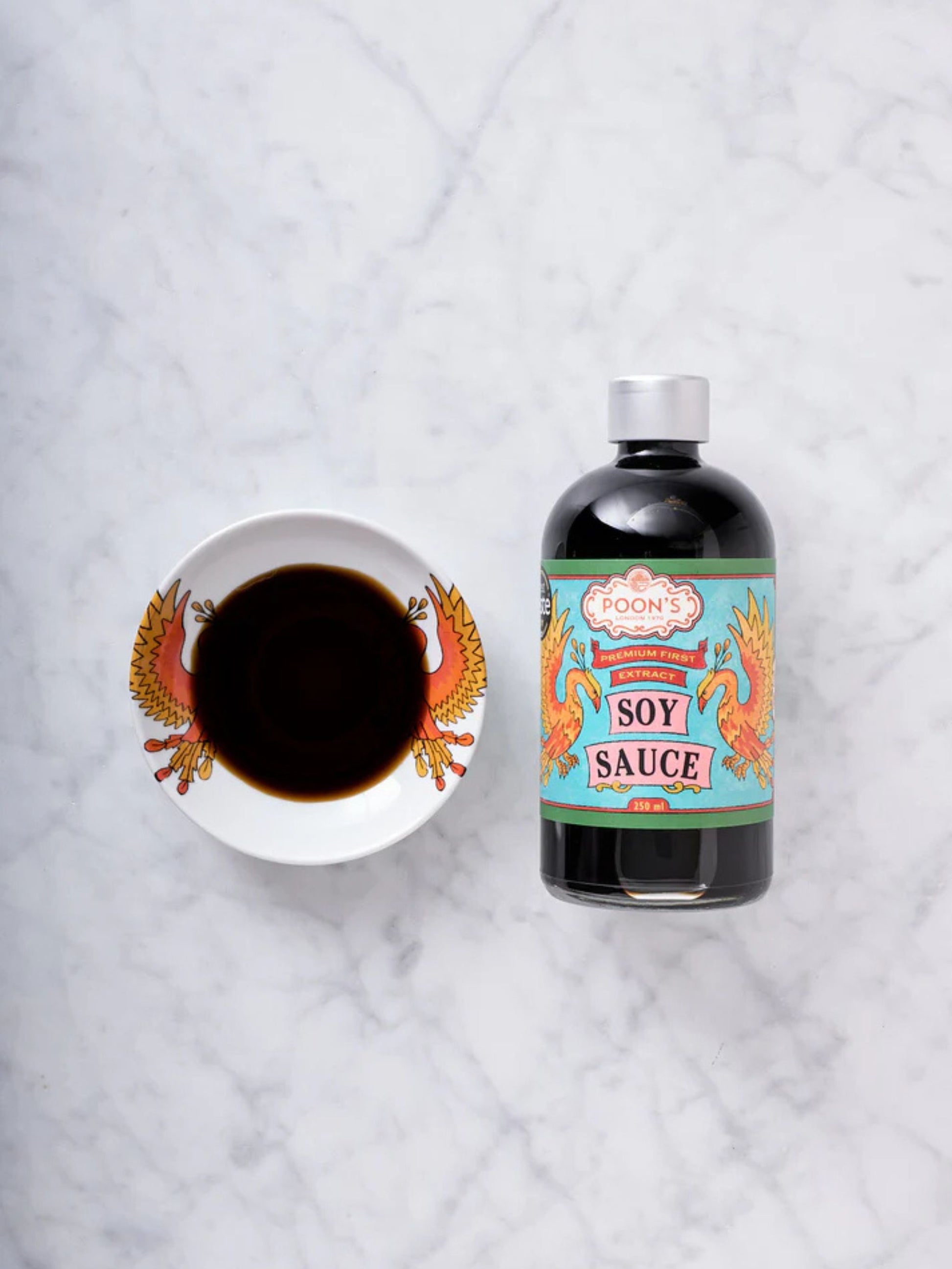 Jar of Poons London Premium First Extract Soy Sauce with a colorful label 