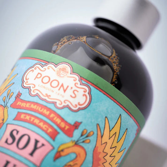 Jar of Poons London Premium First Extract Soy Sauce with a colorful label 2