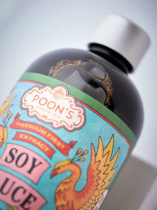 Jar of Poons London Premium First Extract Soy Sauce with a colorful label 2