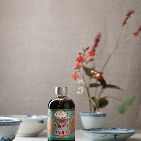 Jar of Poons London Premium First Extract Soy Sauce with a colorful label 