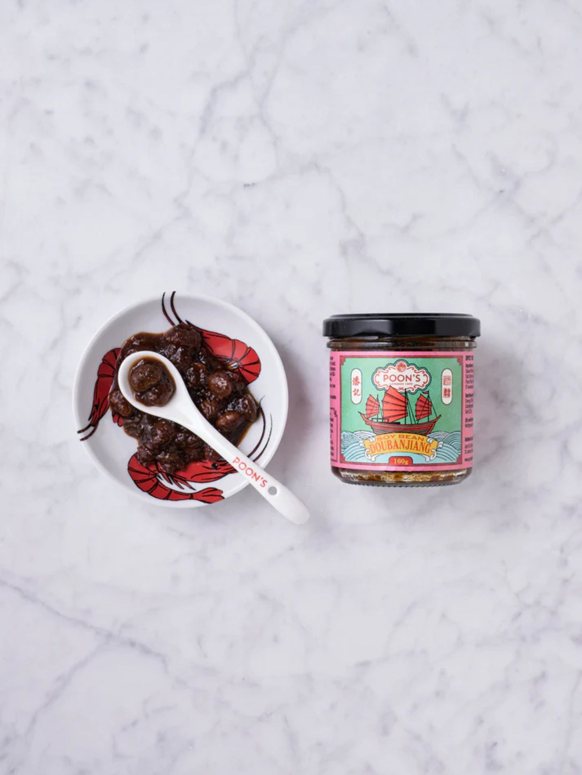 Jar of Poons London Soy Bean Doubanjiang with a colorful label 