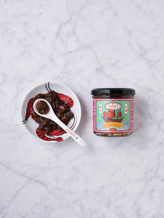 Jar of Poons London Soy Bean Doubanjiang with a colorful label 