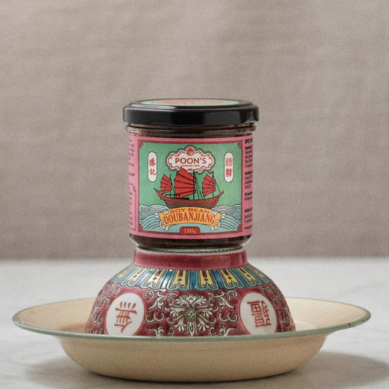 Jar of Poons London Soy Bean Doubanjiang with a colorful label 