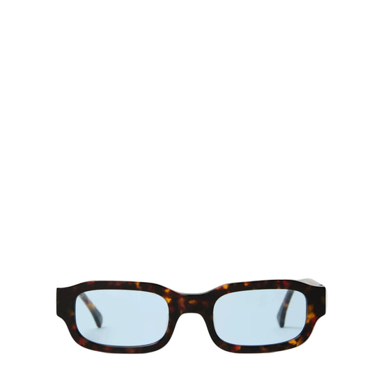 Sunglasses with tortoiseshell frame and blue lenses on a white background